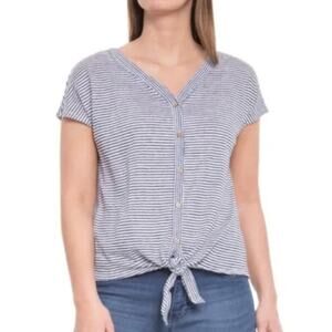 2/$15 Rachel Zoe Pure Linen Tie-Front Tee Blue Striped V-Neck Short Sleeve Sz S